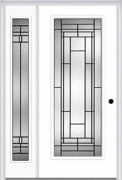 MMI Full Lite 6'8" Fiberglass Smooth Pembrook Patina Exterior Prehung Door With 1 Full Lite Pembrook Patina Decorative Glass Sidelight 686