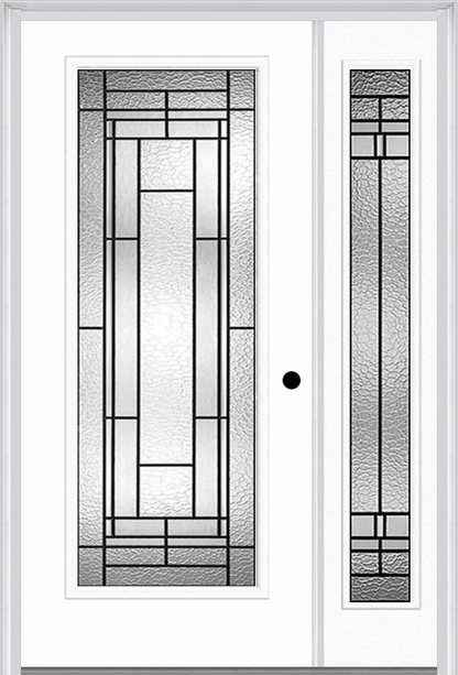 MMI Full Lite 6'8" Fiberglass Smooth Pembrook Patina Exterior Prehung Door With 1 Full Lite Pembrook Patina Decorative Glass Sidelight 686