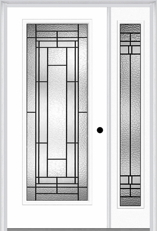 MMI Full Lite 6'8" Fiberglass Smooth Pembrook Patina Exterior Prehung Door With 1 Full Lite Pembrook Patina Decorative Glass Sidelight 686