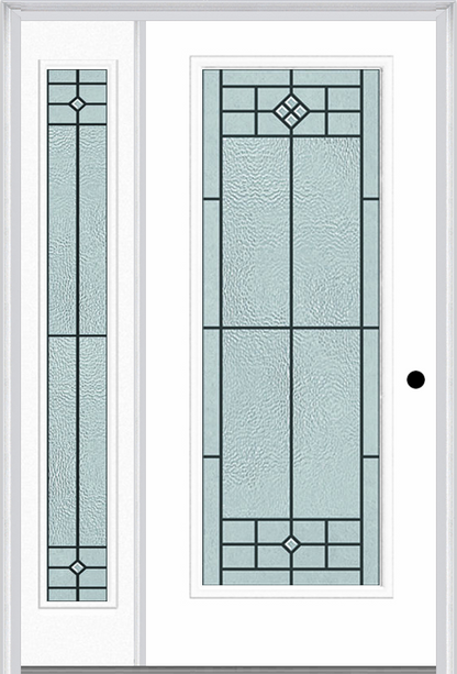 MMI Full Lite 6'8" Fiberglass Smooth Beaufort Patina Exterior Prehung Door With 1 Full Lite Beaufort Patina Decorative Glass Sidelight 686