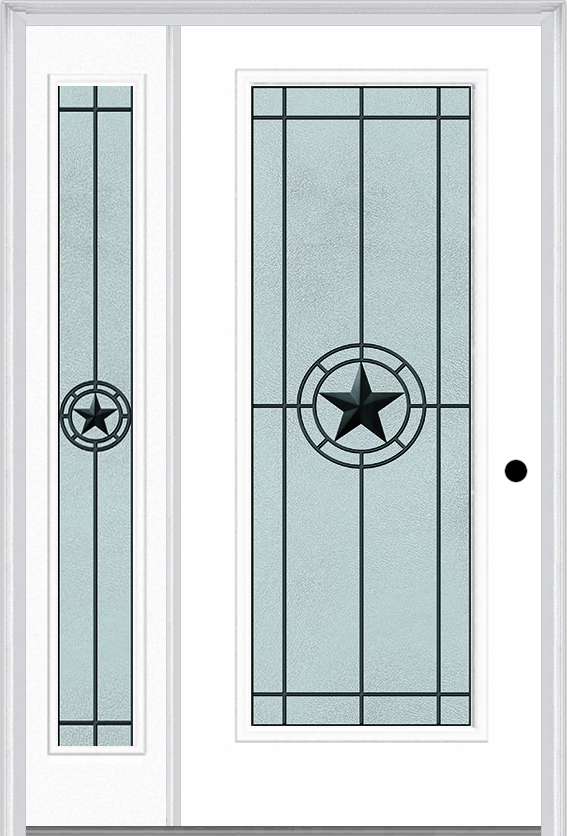 MMI Full Lite 6'8" Fiberglass Smooth Elegant Star Wrought Iron Exterior Prehung Door With 1 Full Lite Elegant Star Wrought Iron Decorative Glass Sidelight 686