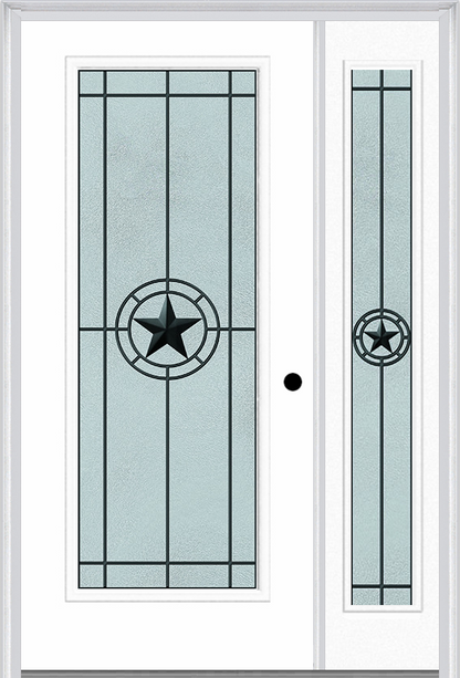 MMI Full Lite 6'8" Fiberglass Smooth Elegant Star Wrought Iron Exterior Prehung Door With 1 Full Lite Elegant Star Wrought Iron Decorative Glass Sidelight 686