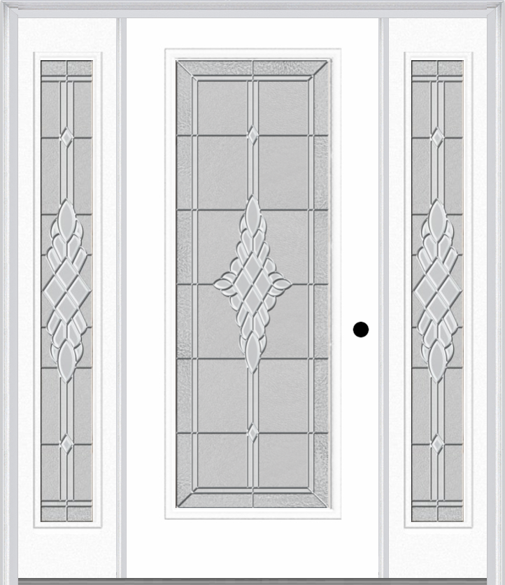 MMI Full Lite 6'8" Fiberglass Smooth Grace Nickel Or Grace Patina Exterior Prehung Door With 2 Full Lite Grace Nickel/Patina Decorative Glass Sidelights 686