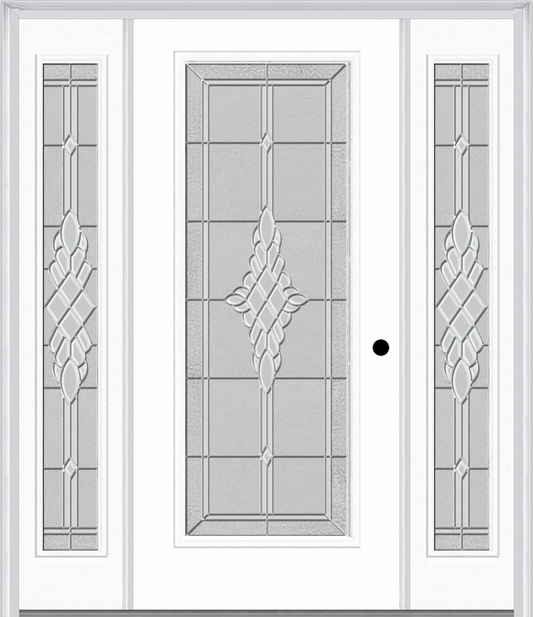 MMI Full Lite 6'8" Fiberglass Smooth Grace Nickel Or Grace Patina Exterior Prehung Door With 2 Full Lite Grace Nickel/Patina Decorative Glass Sidelights 686