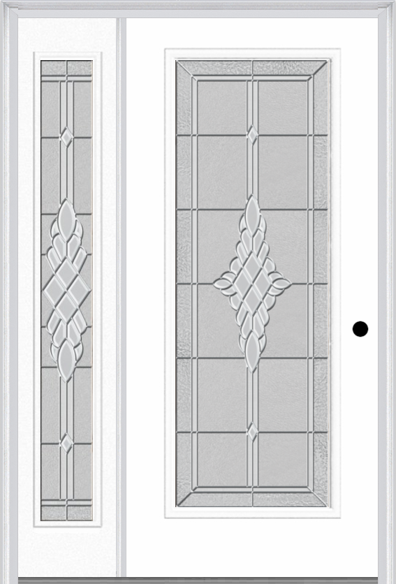 MMI Full Lite 3'0" X 6'8" Fiberglass Smooth Grace Nickel Or Grace Patina Exterior Prehung Door With 1 Full Lite Grace Nickel/Patina Decorative Glass Sidelight 686