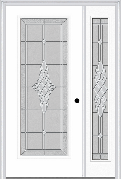 MMI Full Lite 3'0" X 6'8" Fiberglass Smooth Grace Nickel Or Grace Patina Exterior Prehung Door With 1 Full Lite Grace Nickel/Patina Decorative Glass Sidelight 686