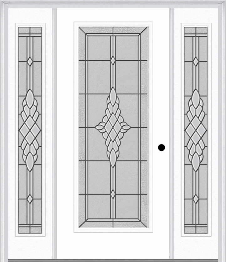 MMI Full Lite 6'8" Fiberglass Smooth Grace Nickel Or Grace Patina Exterior Prehung Door With 2 Full Lite Grace Nickel/Patina Decorative Glass Sidelights 686