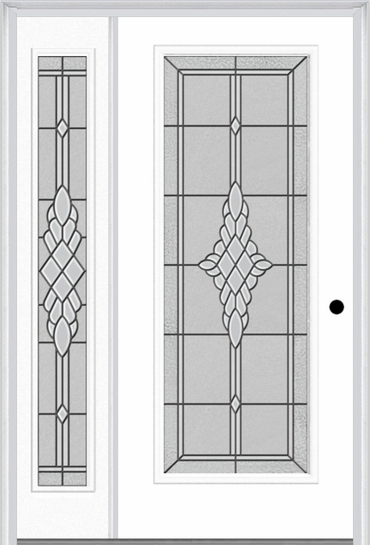 MMI Full Lite 3'0" X 6'8" Fiberglass Smooth Grace Nickel Or Grace Patina Exterior Prehung Door With 1 Full Lite Grace Nickel/Patina Decorative Glass Sidelight 686