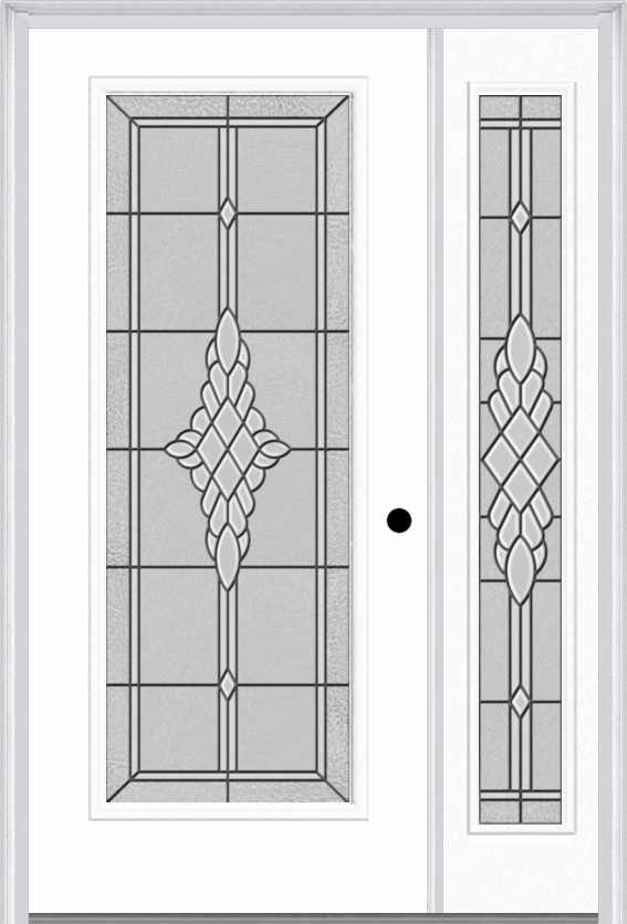 MMI Full Lite 3'0" X 6'8" Fiberglass Smooth Grace Nickel Or Grace Patina Exterior Prehung Door With 1 Full Lite Grace Nickel/Patina Decorative Glass Sidelight 686