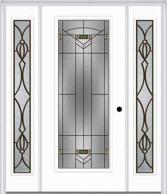 MMI Full Lite 6'8" Fiberglass Smooth Greenfield Oil Rubbed Bronze Exterior Prehung Door With 2 Full Lite Greenfield Oil Rubbed Bronze Decorative Glass Sidelights 686