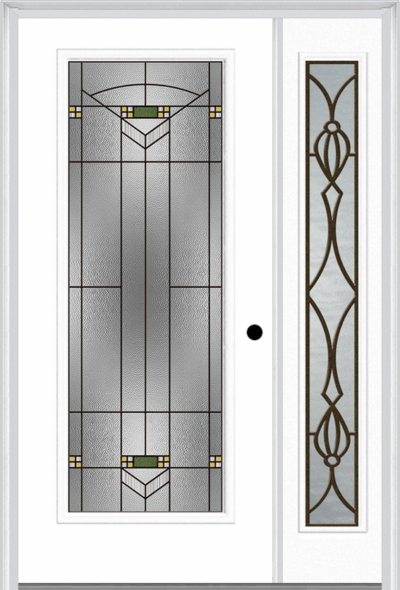 MMI Full Lite 6'8" Fiberglass Smooth Greenfield Oil Rubbed Bronze Exterior Prehung Door With 1 Full Lite Greenfield Oil Rubbed Bronze Decorative Glass Sidelight 686
