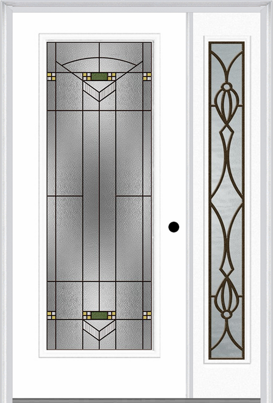 MMI Full Lite 6'8" Fiberglass Smooth Greenfield Oil Rubbed Bronze Exterior Prehung Door With 1 Full Lite Greenfield Oil Rubbed Bronze Decorative Glass Sidelight 686