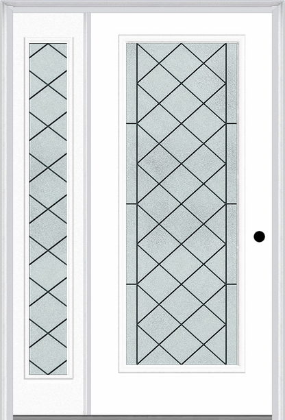 MMI Full Lite 6'8" Fiberglass Smooth Harris Patina Exterior Prehung Door With 1 Full Lite Harris Patina Decorative Glass Sidelight 686