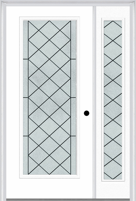 MMI Full Lite 6'8" Fiberglass Smooth Harris Patina Exterior Prehung Door With 1 Full Lite Harris Patina Decorative Glass Sidelight 686