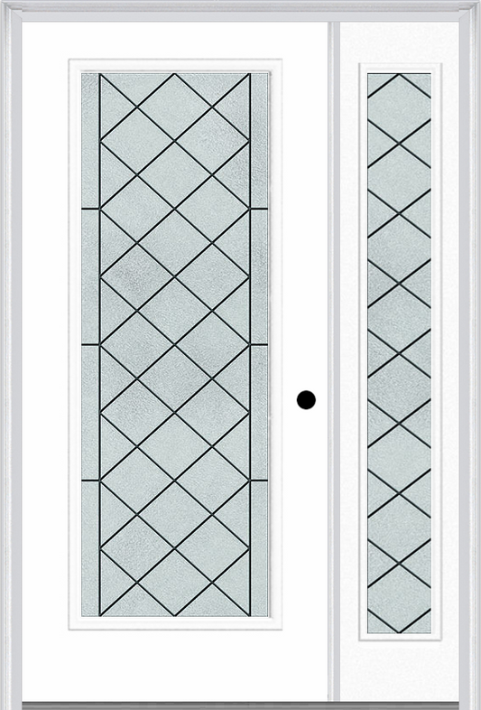 MMI Full Lite 6'8" Fiberglass Smooth Harris Patina Exterior Prehung Door With 1 Full Lite Harris Patina Decorative Glass Sidelight 686