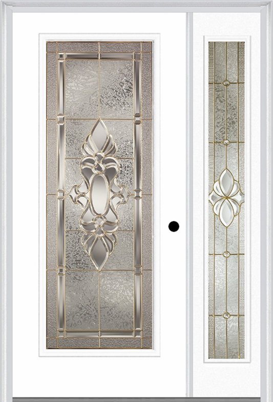 MMI Full Lite 3'0" X 6'8" Fiberglass Smooth Heirlooms Brass Or Heirlooms Satin Nickel Exterior Prehung Door With 1 Full Lite Heirlooms Brass/Satin Nickel Decorative Glass Sidelight 686