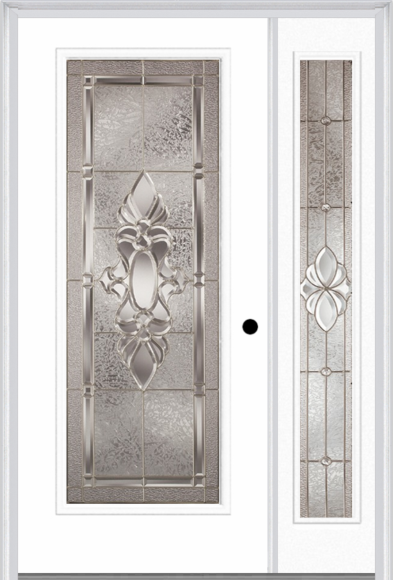 MMI Full Lite 3'0" X 6'8" Fiberglass Smooth Heirlooms Brass Or Heirlooms Satin Nickel Exterior Prehung Door With 1 Full Lite Heirlooms Brass/Satin Nickel Decorative Glass Sidelight 686