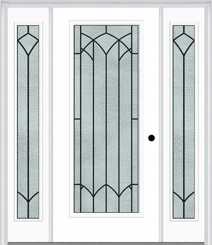MMI Full Lite 6'8" Fiberglass Smooth Montclaire Wrought Iron Exterior Prehung Door With 2 Full Lite Montclaire Wrought Iron Decorative Glass Sidelights 686