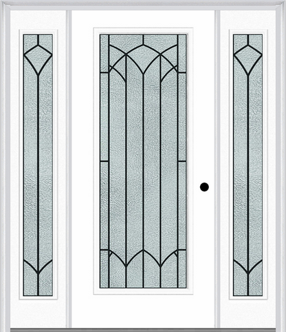 MMI Full Lite 6'8" Fiberglass Smooth Montclaire Wrought Iron Exterior Prehung Door With 2 Full Lite Montclaire Wrought Iron Decorative Glass Sidelights 686