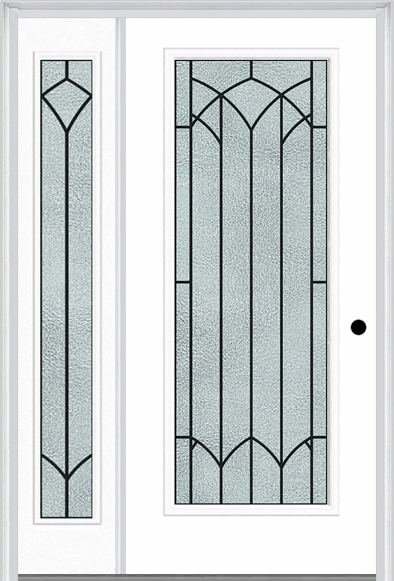 MMI Full Lite 6'8" Fiberglass Smooth Montclaire Wrought Iron Exterior Prehung Door With 1 Full Lite Montclaire Wrought Iron Decorative Glass Sidelight 686