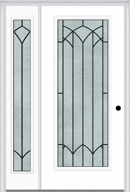 MMI Full Lite 6'8" Fiberglass Smooth Montclaire Wrought Iron Exterior Prehung Door With 1 Full Lite Montclaire Wrought Iron Decorative Glass Sidelight 686