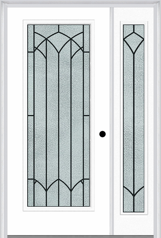 MMI Full Lite 6'8" Fiberglass Smooth Montclaire Wrought Iron Exterior Prehung Door With 1 Full Lite Montclaire Wrought Iron Decorative Glass Sidelight 686