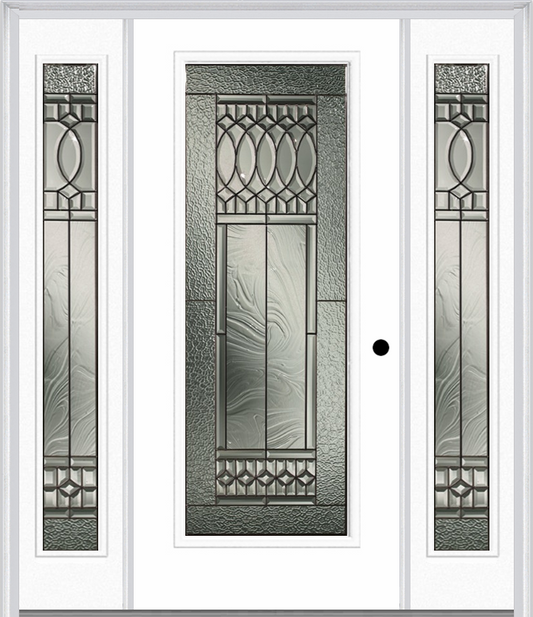 MMI Full Lite 6'8" Fiberglass Smooth Paris Patina Exterior Prehung Door With 2 Full Lite Paris Patina Decorative Glass Sidelights 686