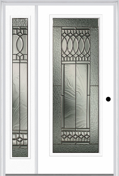 MMI Full Lite 6'8" Fiberglass Smooth Paris Patina Exterior Prehung Door With 1 Full Lite Paris Patina Decorative Glass Sidelight 686