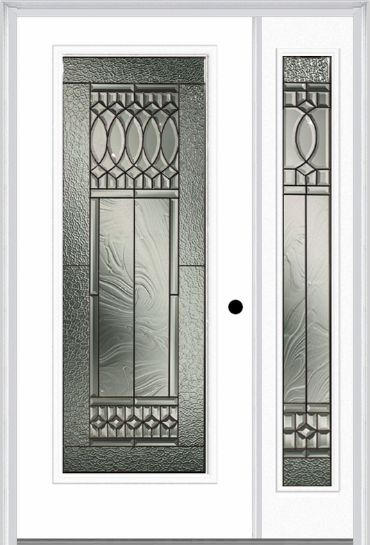 MMI Full Lite 6'8" Fiberglass Smooth Paris Patina Exterior Prehung Door With 1 Full Lite Paris Patina Decorative Glass Sidelight 686