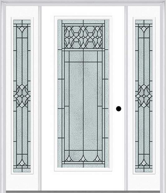 MMI Full Lite 6'8" Fiberglass Smooth Selwyn Patina Exterior Prehung Door With 2 Full Lite Selwyn Patina Decorative Glass Sidelights 686