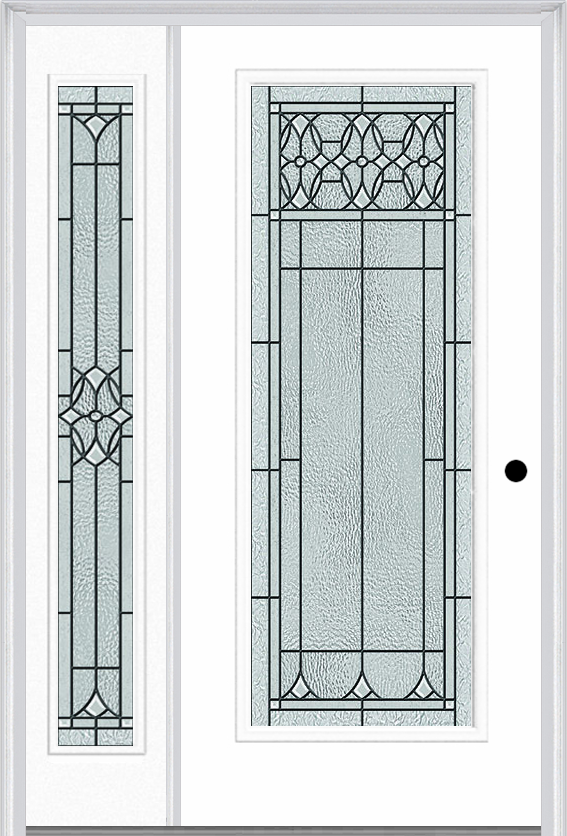 MMI Full Lite 6'8" Fiberglass Smooth Selwyn Patina Exterior Prehung Door With 1 Full Lite Selwyn Patina Decorative Glass Sidelight 686