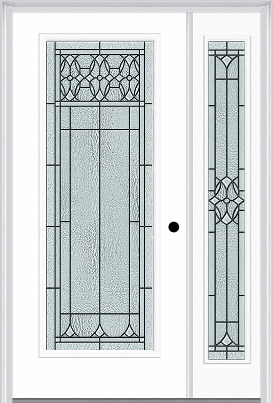 MMI Full Lite 6'8" Fiberglass Smooth Selwyn Patina Exterior Prehung Door With 1 Full Lite Selwyn Patina Decorative Glass Sidelight 686