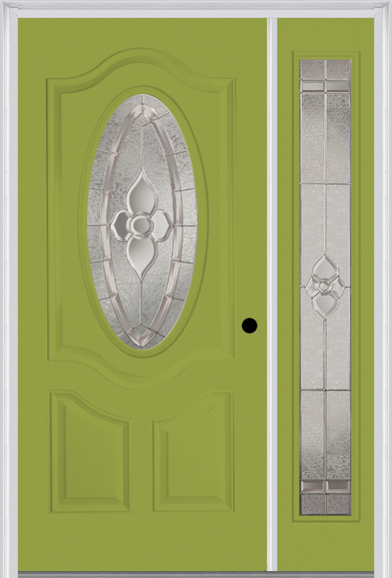 MMI Small Oval 2 Panel Deluxe 3'0" X 6'8" Fiberglass Smooth Nouveau Nickel Or Nouveau Patina Exterior Prehung Door With 1 Full Lite Nouveau Brass/Nickel/Patina Decorative Glass Sidelight 749