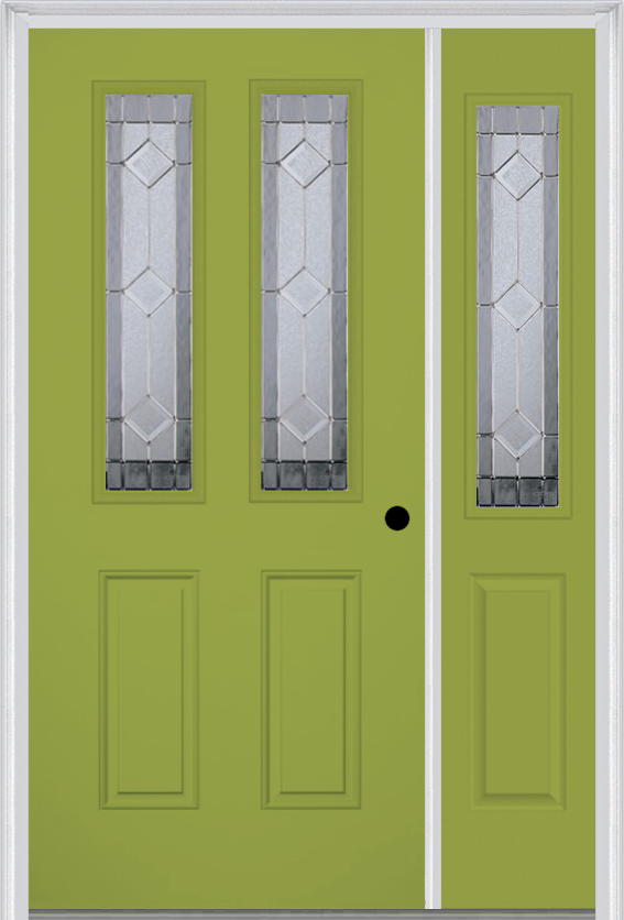 MMI 2-1/2 Lite 2 Panel 6'8" Fiberglass Smooth Majestic Nickel Exterior Prehung Door With 1 Half Lite Majestic Nickel Decorative Glass Sidelight 692