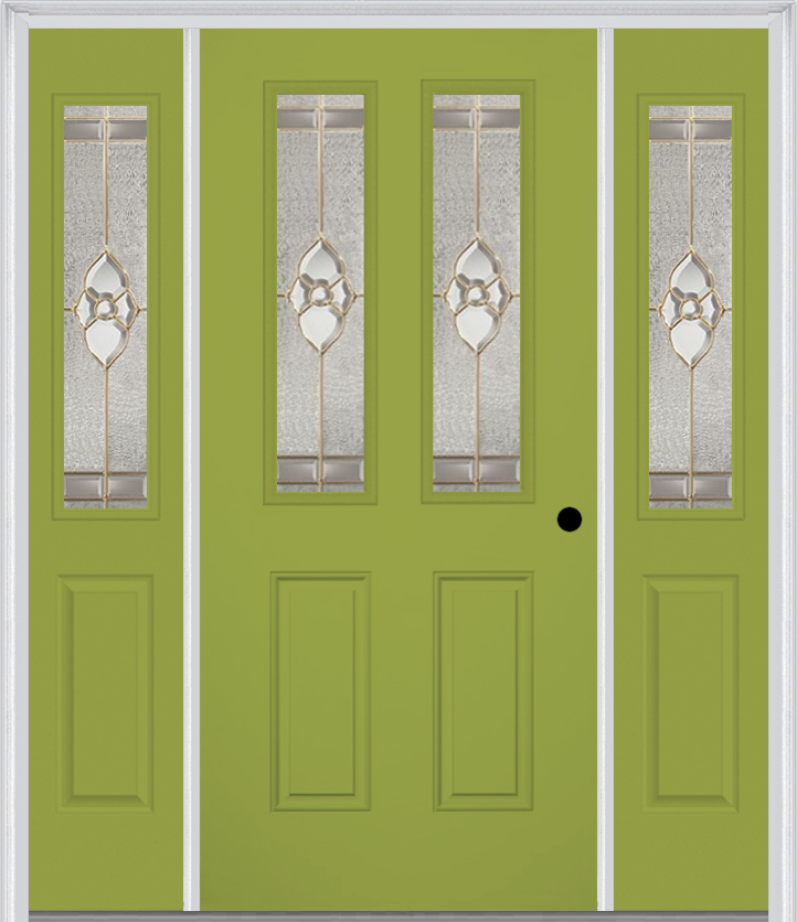 MMI 2-1/2 Lite 2 Panel 6'8" Fiberglass Smooth Nouveau Nickel Or Nouveau Patina Exterior Prehung Door With 2 Half Lite Nouveau Brass/Nickel/Patina Decorative Glass Sidelights 692