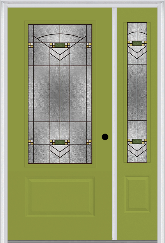 MMI 3/4 Lite 1 Panel 6'8" Fiberglass Smooth Greenfield Oil Rubbed Bronze Exterior Prehung Door With 1 Greenfield Oil Rubbed Bronze 3/4 Lite Decorative Glass Sidelight 608