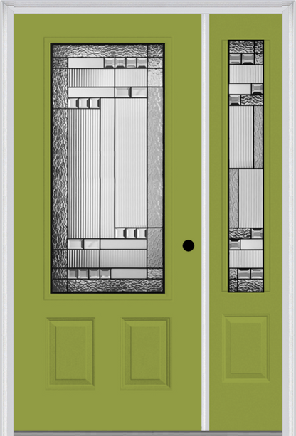 MMI 3/4 Lite 2 Panel 6'8" Fiberglass Smooth Metro Patina Exterior Prehung Door With 1 Metro Patina 3/4 Lite Decorative Glass Sidelight 607