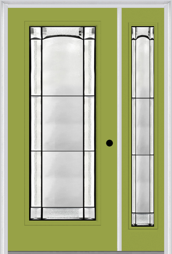 MMI Full Lite 6'8" Fiberglass Smooth Soleil Patina Exterior Prehung Door With 1 Full Lite Soleil Patina Decorative Glass Sidelight 686