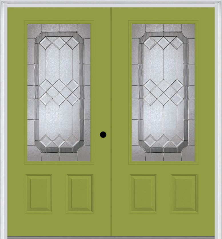 MMI TWIN/DOUBLE 3/4 LITE 2 PANEL 6'0" X 6'8" FIBERGLASS SMOOTH MAJESTIC NICKEL DECORATIVE GLASS EXTERIOR PREHUNG DOOR 607