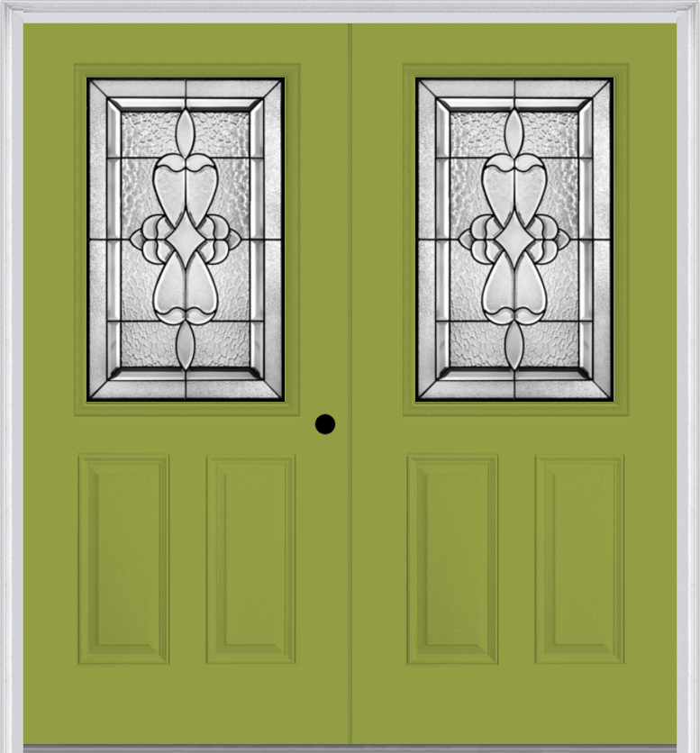 MMI TWIN/DOUBLE 1/2 LITE 2 PANEL 6'8" FIBERGLASS SMOOTH JAMESTOWN PATINA DECORATIVE GLASS EXTERIOR PREHUNG DOOR 684