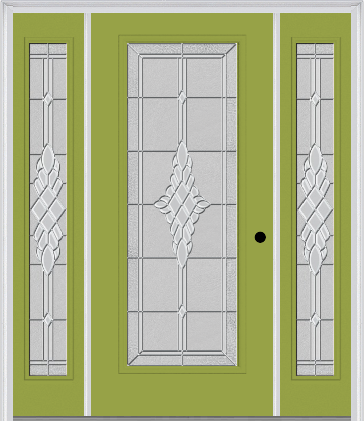 MMI Full Lite 6'8" Fiberglass Smooth Grace Nickel Or Grace Patina Exterior Prehung Door With 2 Full Lite Grace Nickel/Patina Decorative Glass Sidelights 686