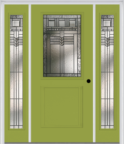 MMI 1/2 Lite 1 Panel 6'8" Fiberglass Smooth Oak Park Patina Exterior Prehung Door With 2 Full Lite Oak Park Patina Decorative Glass Sidelights 682