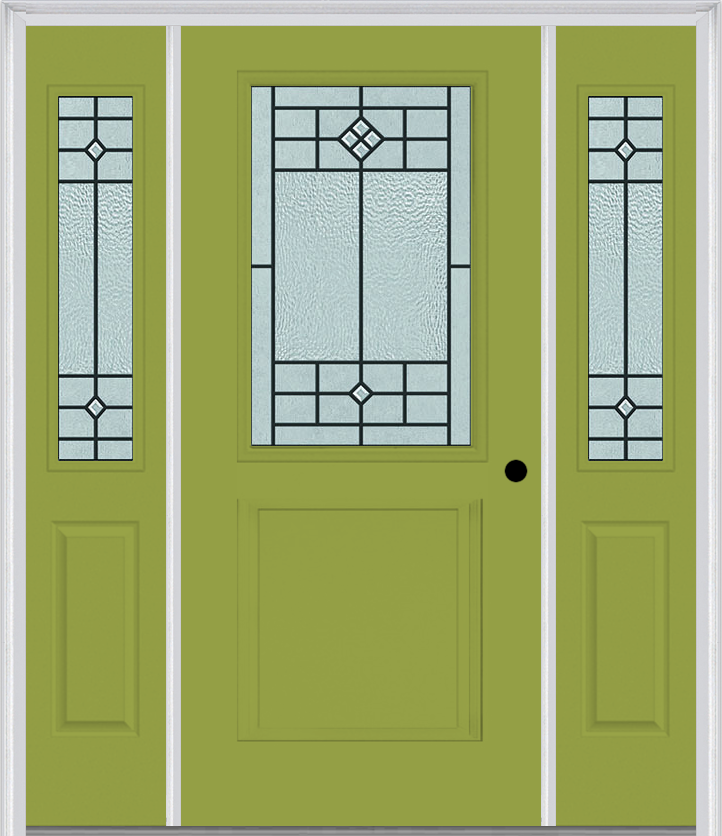 MMI 1/2 Lite 1 Panel 6'8" Fiberglass Smooth Beaufort Patina Exterior Prehung Door With 2 Half Lite Beaufort Patina Decorative Glass Sidelights 682