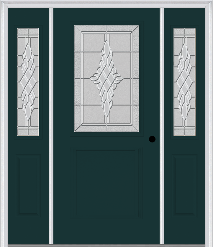 MMI 1/2 Lite 1 Panel 6'8" Fiberglass Smooth Grace Nickel Or Grace Patina Exterior Prehung Door With 2 Half Lite Grace Nickel/Patina Decorative Glass Sidelights 682