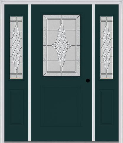 MMI 1/2 Lite 1 Panel 6'8" Fiberglass Smooth Grace Nickel Or Grace Patina Exterior Prehung Door With 2 Half Lite Grace Nickel/Patina Decorative Glass Sidelights 682