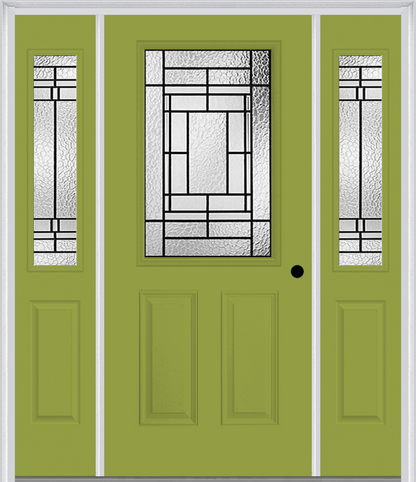 MMI 1/2 Lite 2 Panel 6'8" Fiberglass Smooth Pembrook Patina Exterior Prehung Door With 2 Half Lite Pembrook Patina Decorative Glass Sidelights 684