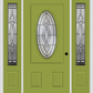 MMI SMALL OVAL 2 PANEL 6'8" FIBERGLASS SMOOTH BELAIRE PATINA EXTERIOR PREHUNG DOOR WITH 2 BELAIRE PATINA 3/4 LITE DECORATIVE GLASS SIDELIGHTS 949