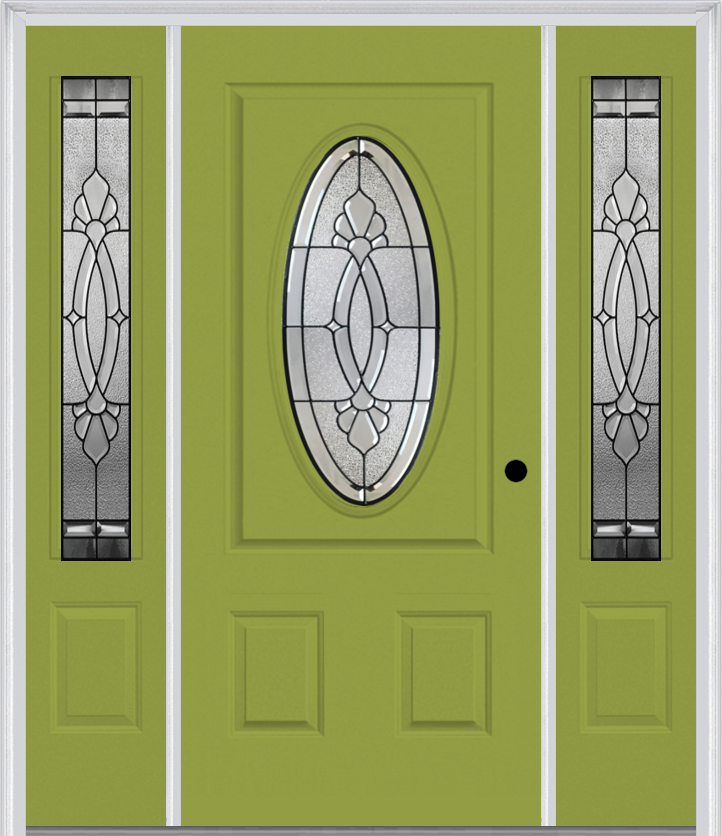 MMI SMALL OVAL 2 PANEL 6'8" FIBERGLASS SMOOTH BELAIRE PATINA EXTERIOR PREHUNG DOOR WITH 2 BELAIRE PATINA 3/4 LITE DECORATIVE GLASS SIDELIGHTS 949