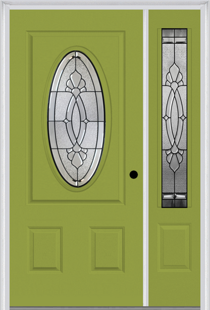 MMI SMALL OVAL 2 PANEL 3'0" X 6'8" FIBERGLASS SMOOTH BELAIRE PATINA EXTERIOR PREHUNG DOOR WITH 1 BELAIRE PATINA 3/4 LITE DECORATIVE GLASS SIDELIGHT 949