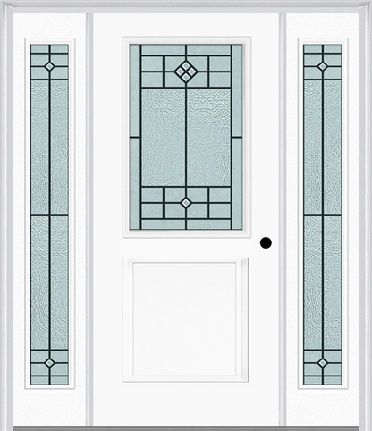 MMI 1/2 Lite 1 Panel 6'8" Fiberglass Smooth Beaufort Patina Exterior Prehung Door With 2 Full Lite Beaufort Patina Decorative Glass Sidelights 682